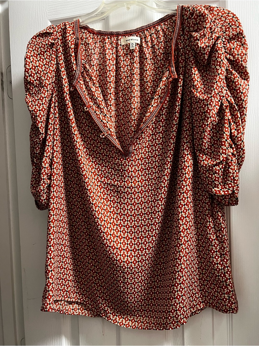 Max Studio Lush Red Printed Puff-Sleeve Blouse